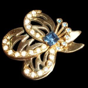 Vintage Gold Tone Rhinestone Bow Brooch